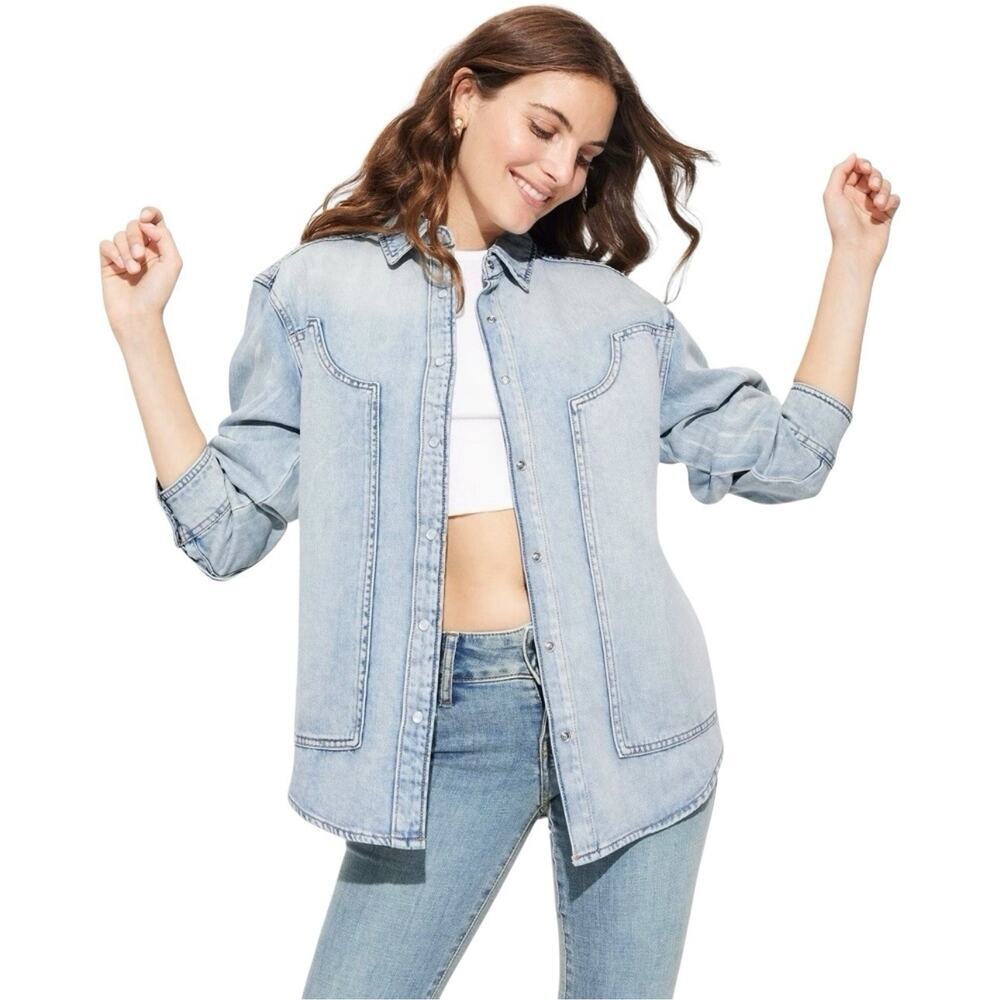 Wild Fable Shacket Shirt Women's Sz 4X Light Wash Denim Pearl Snap Western NWT